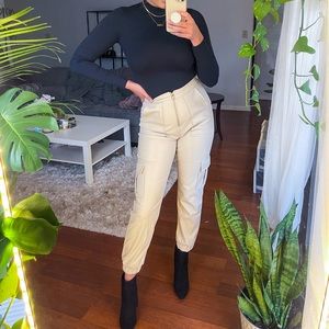 Cream faux leather jogger pant